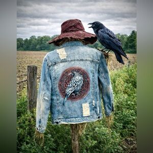 Raven Gothic Handpainted on new distressed denim jacket SZ XL womens Crow